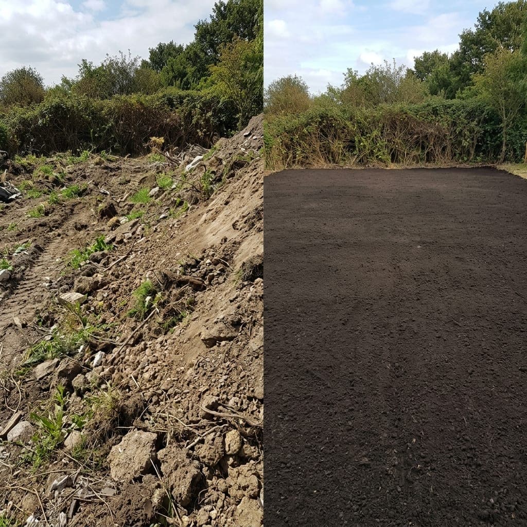 Representative North Bay landscape concept: Rough weedy dirt mound beside the same area cleared and graded with dark topsoil.