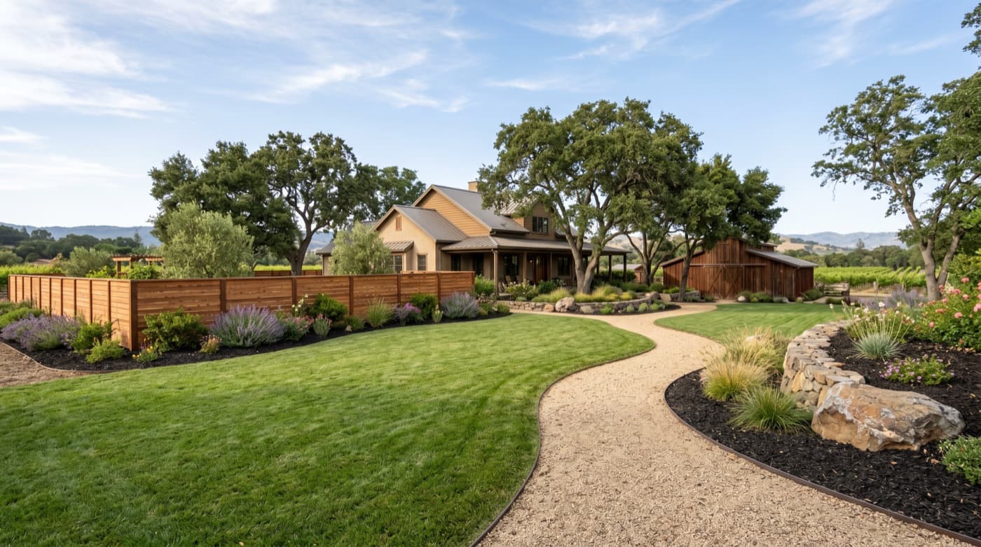 Representative finished rural North Bay landscape concept with lawn, planting, and outdoor room structure.