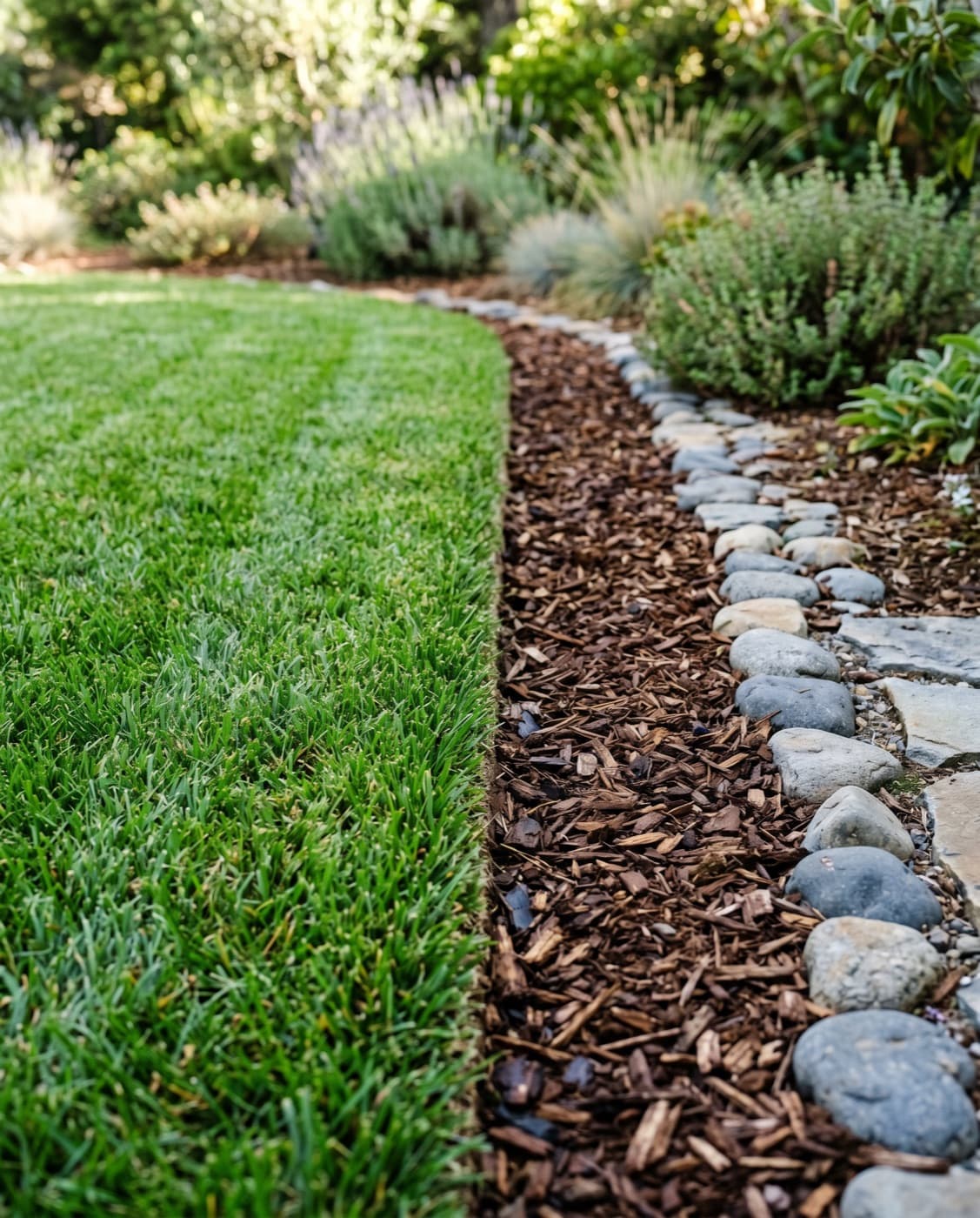 Clean lawn edge detail beside planting and hardscape.
