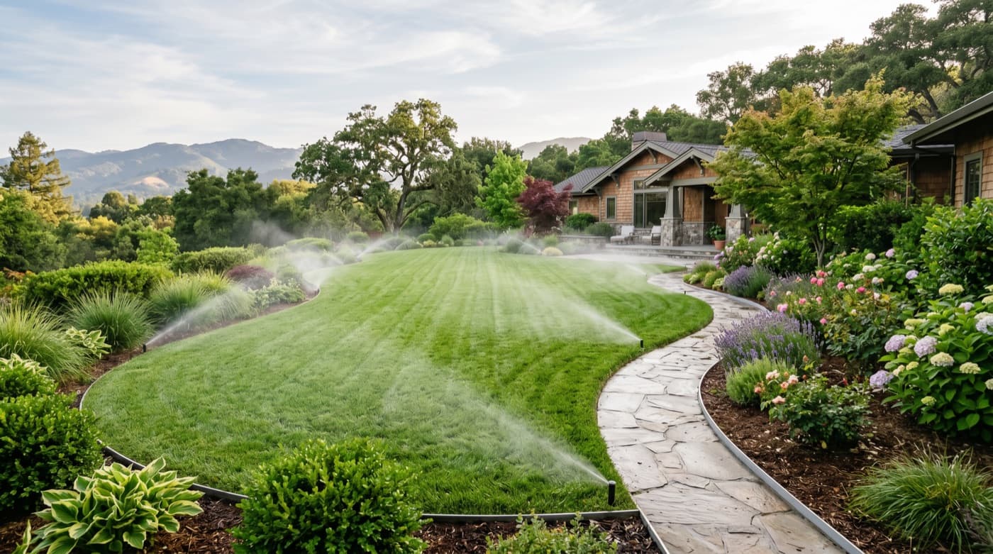 Lush residential lawn with healthy turf and maintained planting edges.