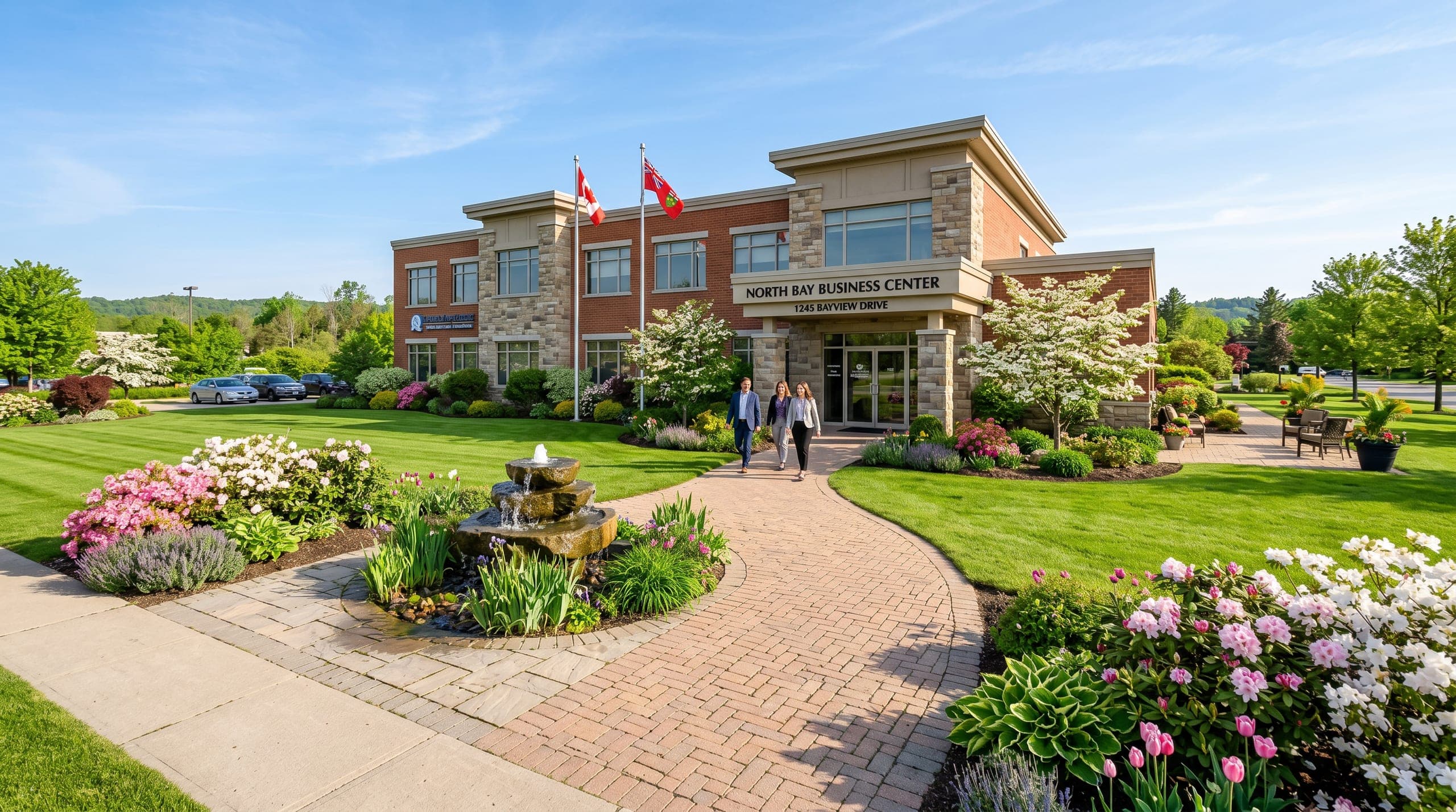Commercial property entrance with manicured lawn, flowering beds, pathways, and open sky.