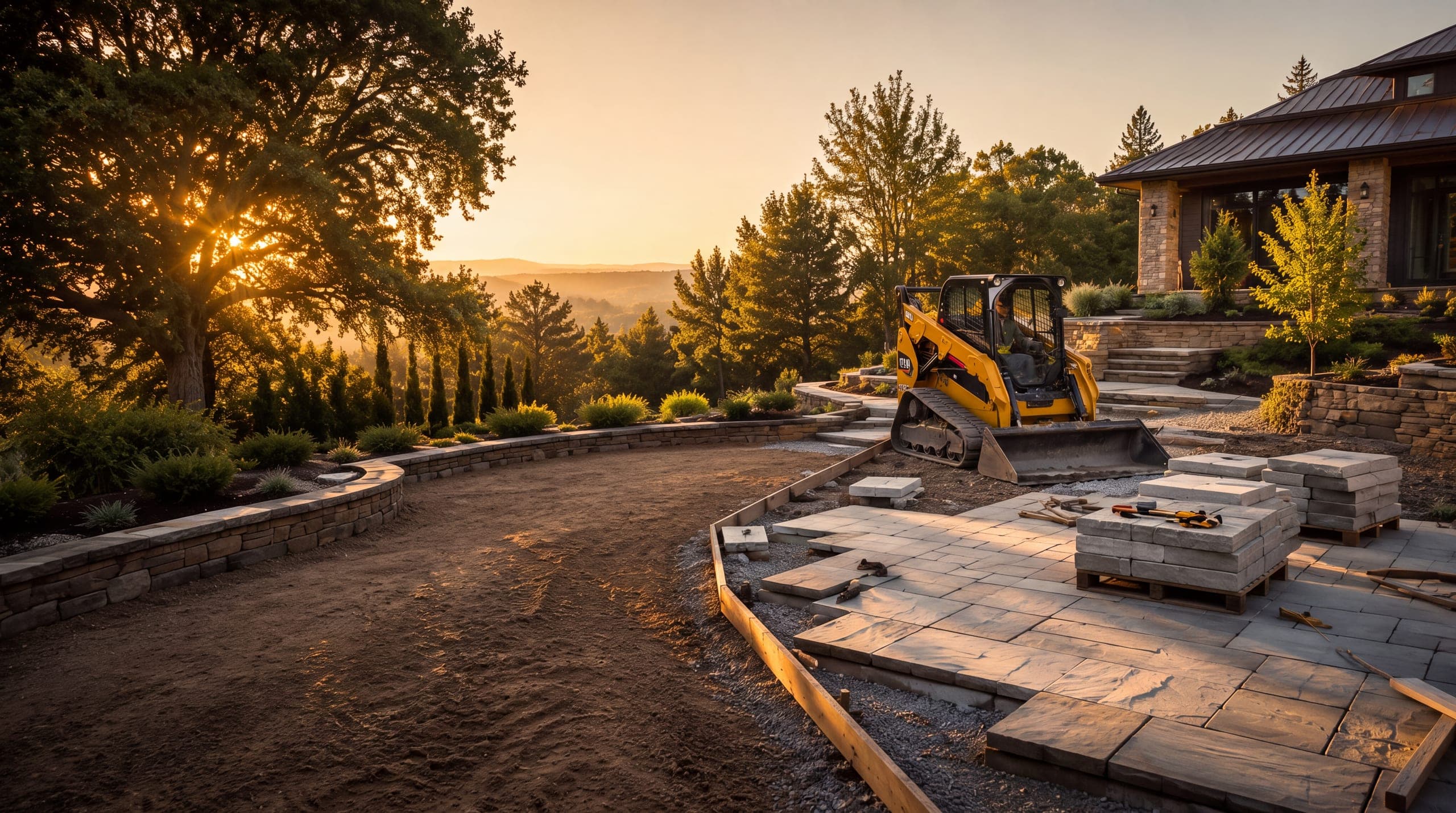 Landscape construction site at golden hour with a compact track loader, a new stone retaining wall, and stacked pavers on a hillside North Bay property.