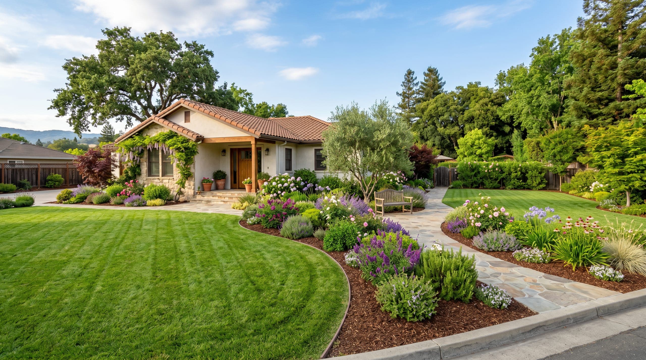 Finished residential lawn with curved paths, layered planting, and open sky.