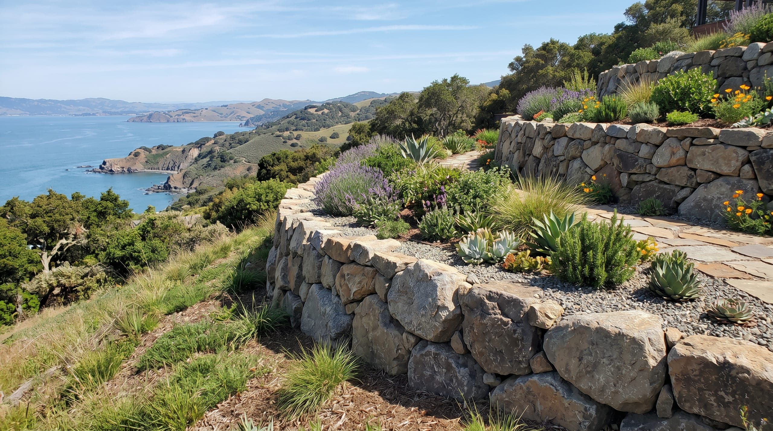 Coastal hillside retaining wall with boulder terraces, planting, and open water views.
