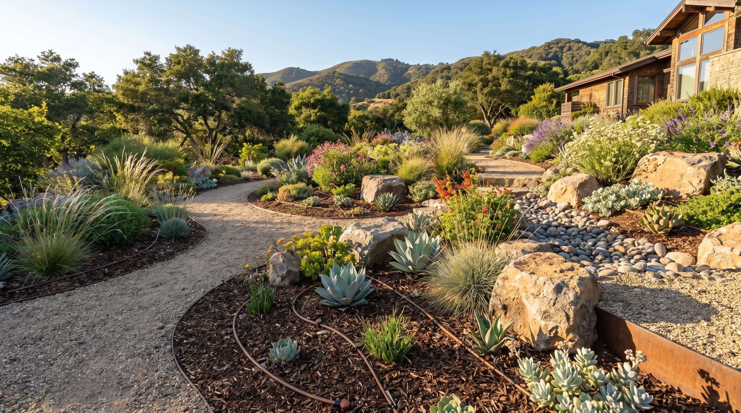 Water-wise xeriscape front yard with gravel, boulders, native grasses, and open sky.