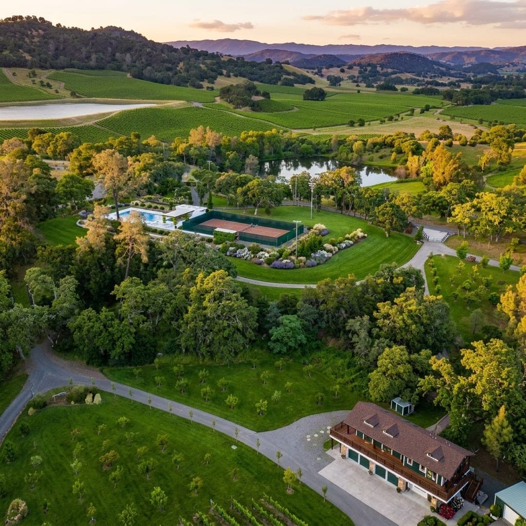 Representative North Bay landscape concept: Aerial view of estate grounds with mowed lawns, young orchard trees, pool and court.