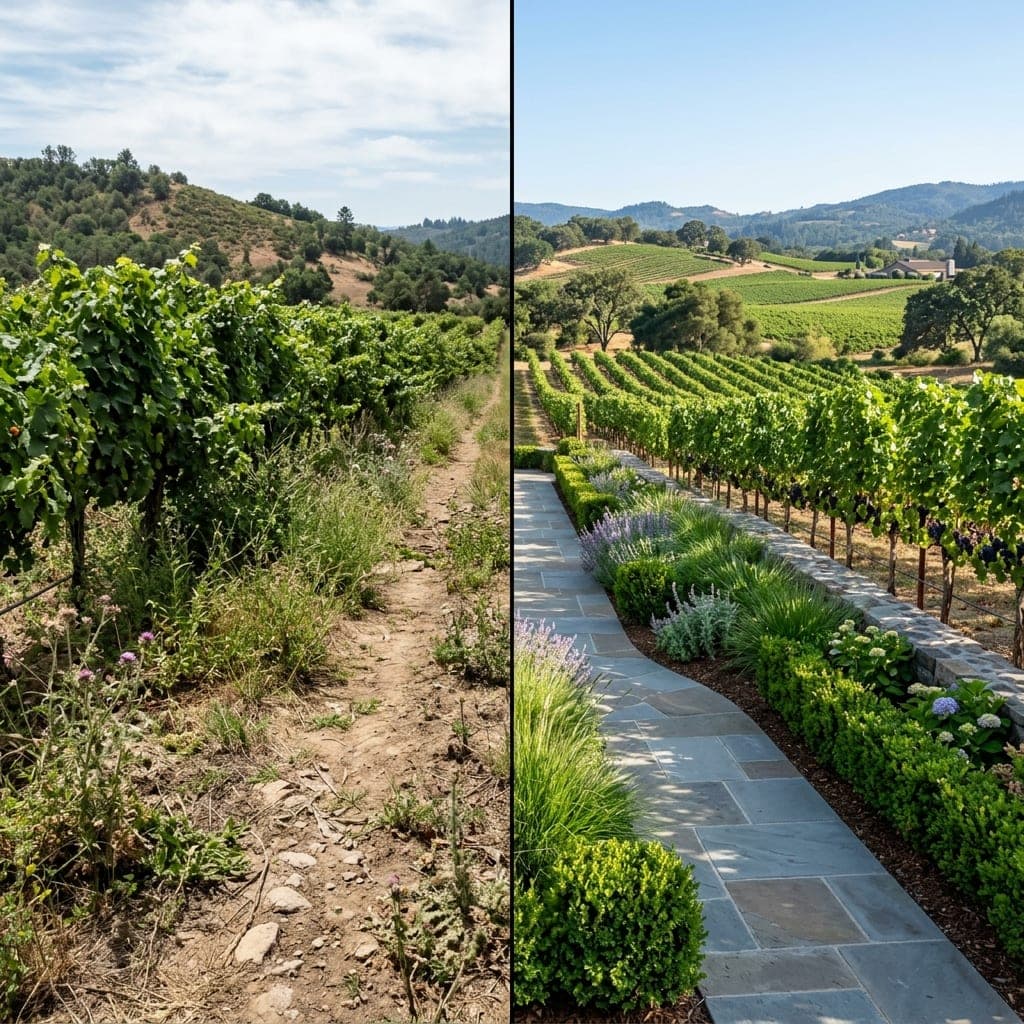 Split view of weedy vineyard path and finished stone walkway with hedged planting beds.