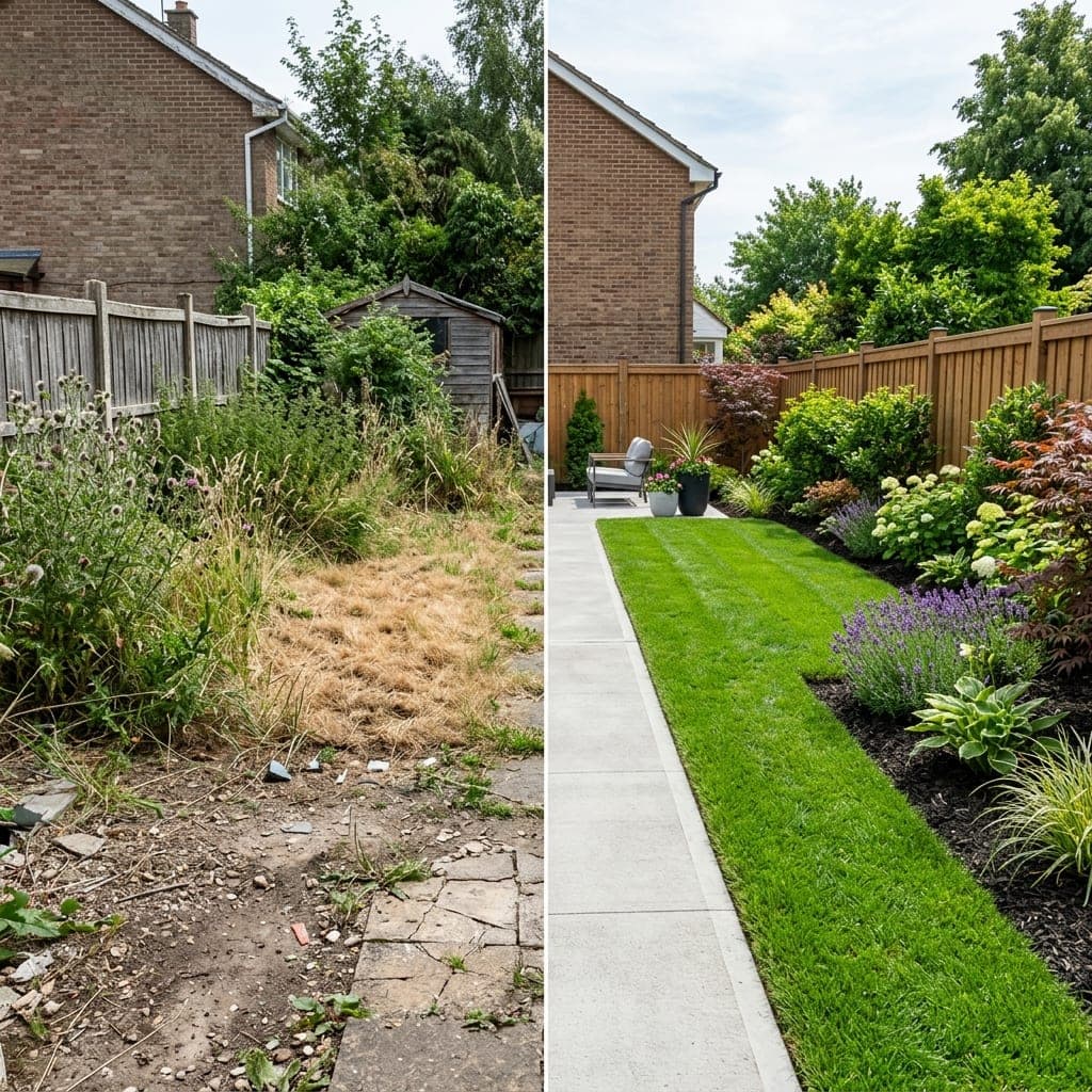 Split view of overgrown weedy yard and finished lawn with walkway and flower beds.