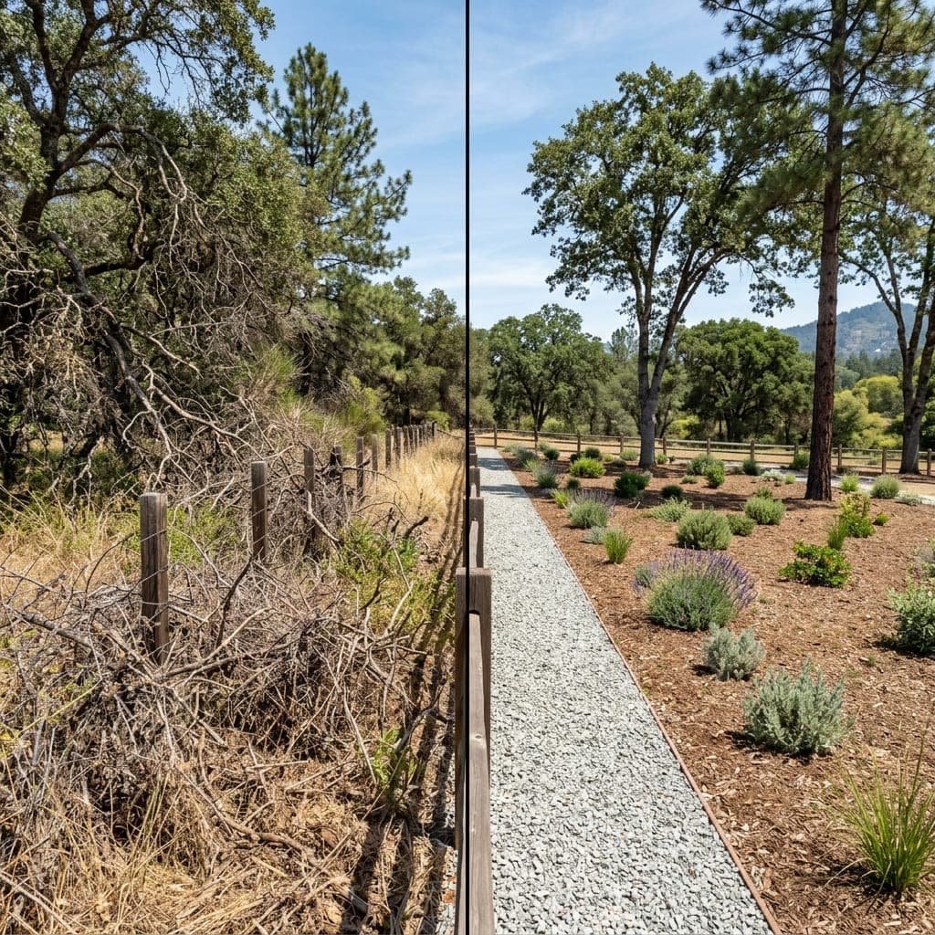 Representative North Bay landscape concept: Dry brush along fence beside gravel path with mulched low-water plantings and trees.