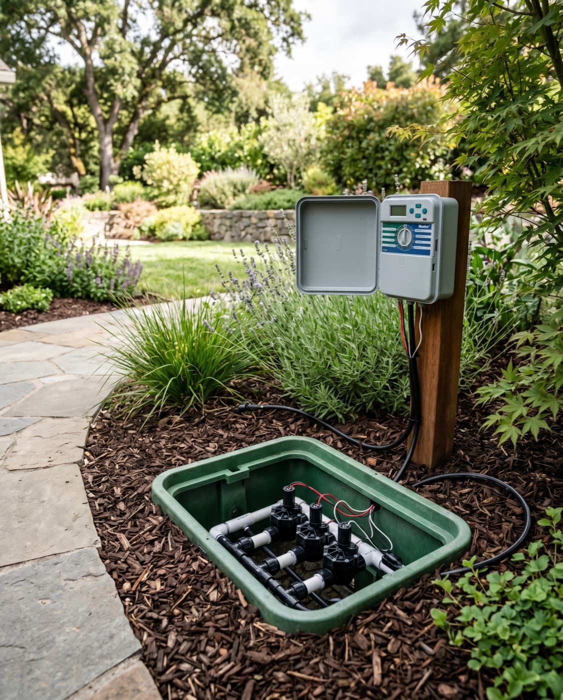 Irrigation controller and valve detail for a water-wise landscape.