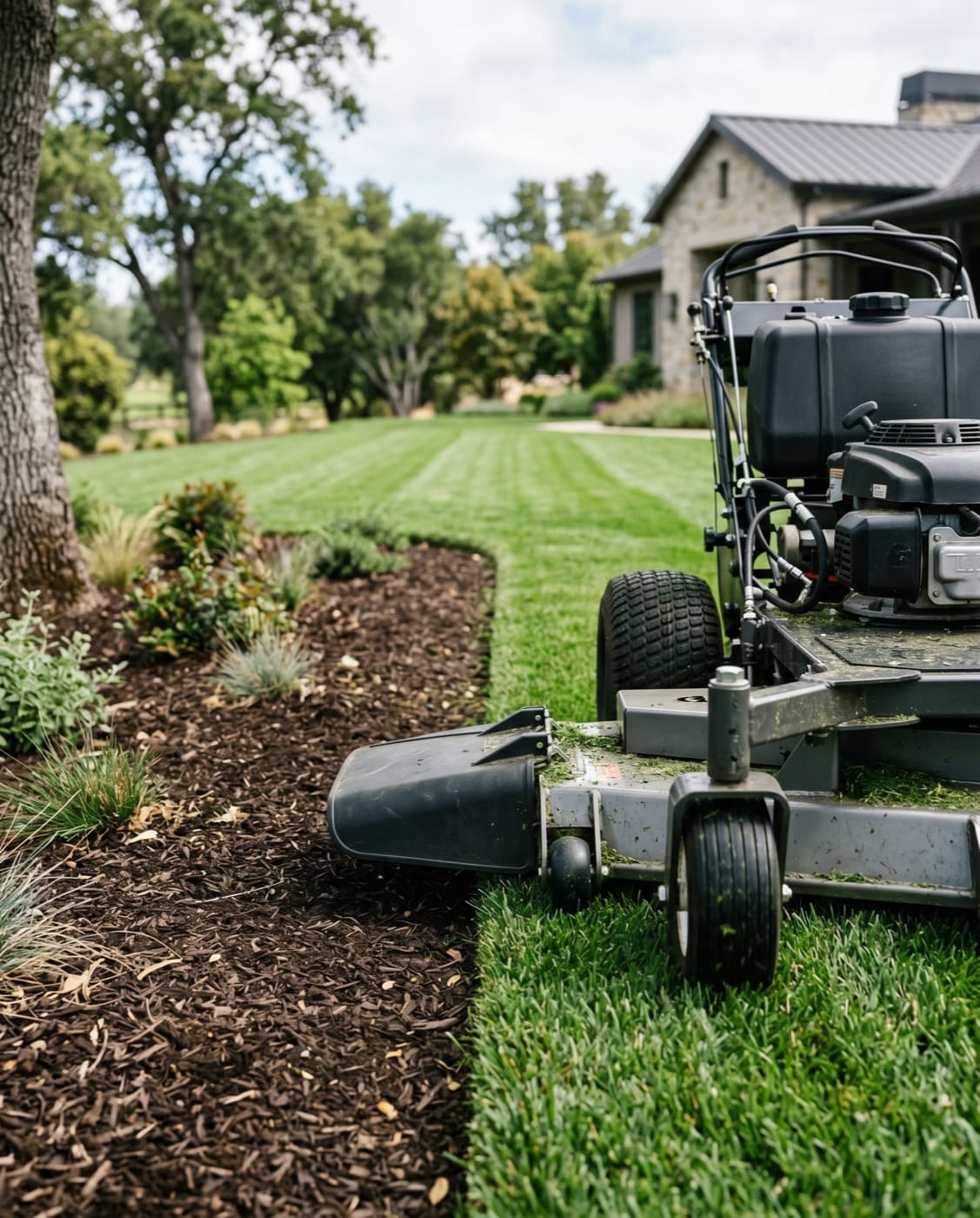 Lawn mowing equipment detail beside managed turf.