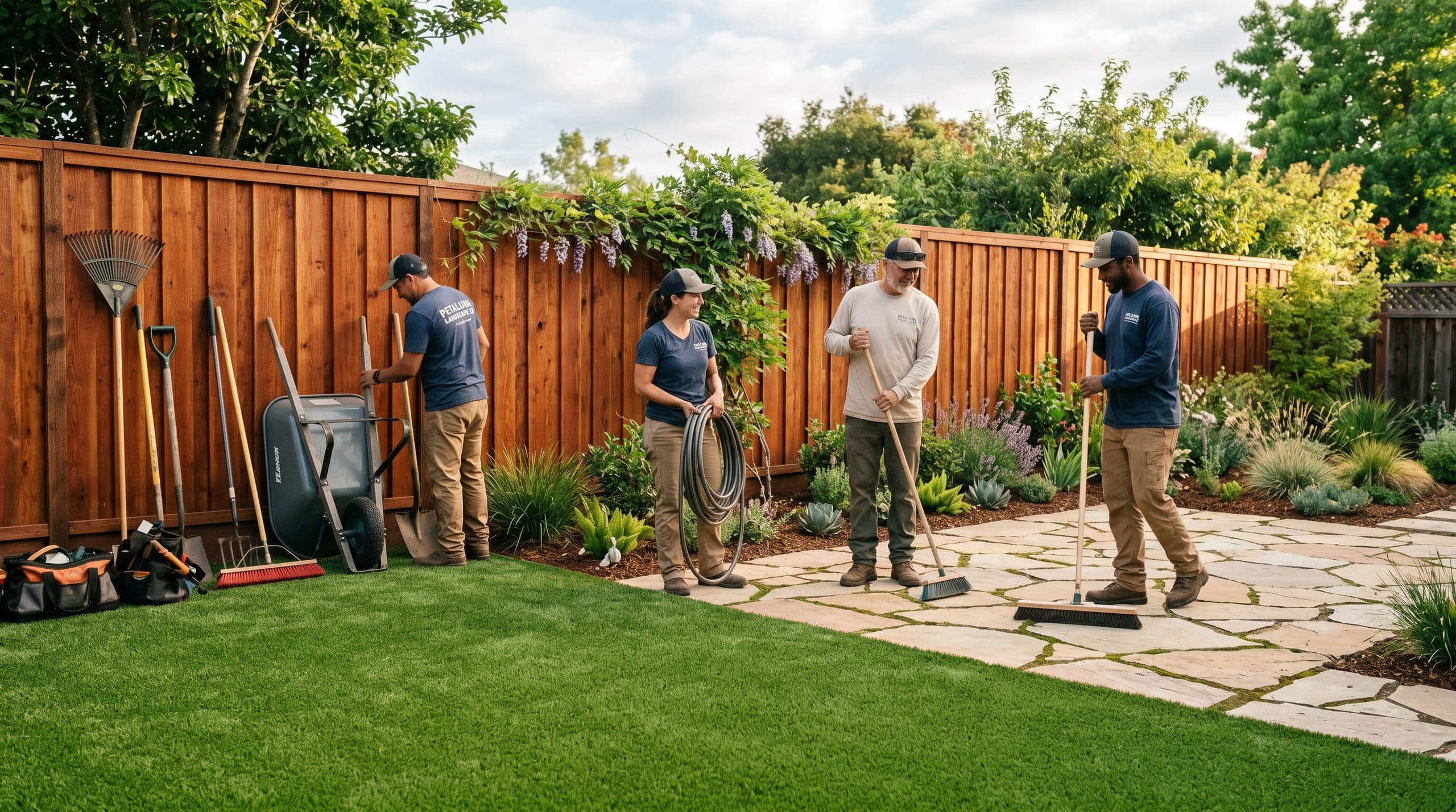 Irrigation crew planning watering lines beside a lawn, fence, and planted backyard.