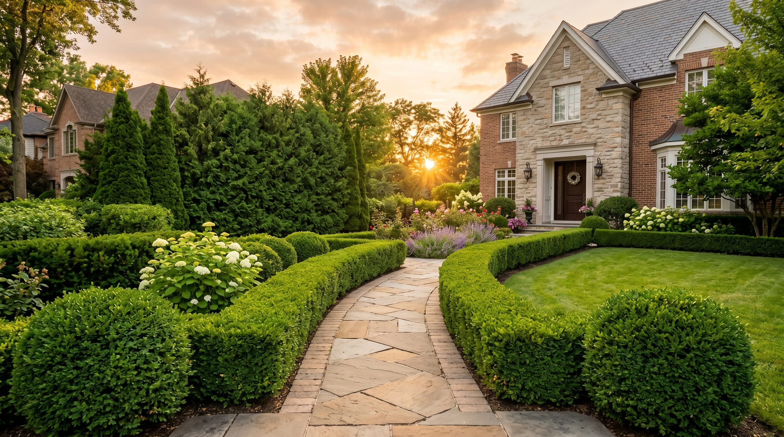 Formal hedge-lined stone path leading through a manicured residential garden at sunset.